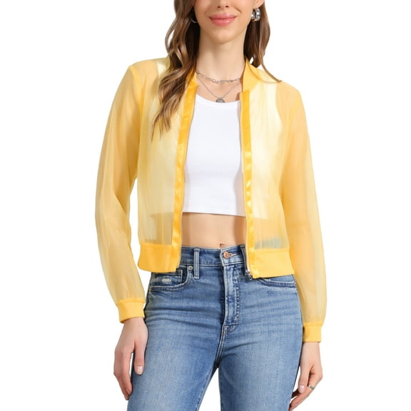 INSPIRE CHIC Women's Long Sleeves Zip Up See Through Lightweight Bomber Jacket L Yellow