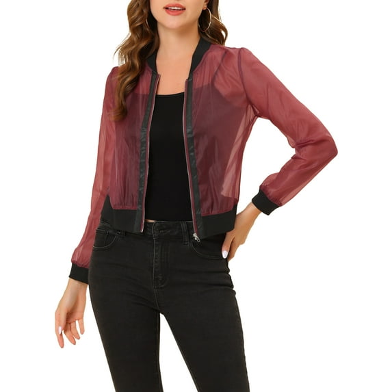INSPIRE CHIC Women's Long Sleeves Zip Up See Through Lightweight Bomber Jacket S Red