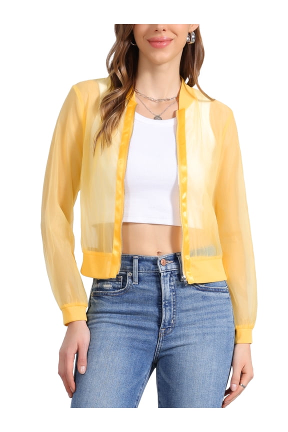 Women's Long Sleeves Zip Up See Through Lightweight Bomber Jacket S Yellow
