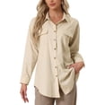 thumbnail image 1 of INSPIRE CHIC Women's Loose Roll-up Long Sleeve Pockets Button Down Casual Shirts Khaki XS, 1 of 5