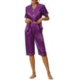 thumbnail image 1 of INSPIRE CHIC Women's Satin Pajamas Sets Short Sleeve Button Tops with Capri Pants 2 Pcs Loungewear S Purple, 1 of 6