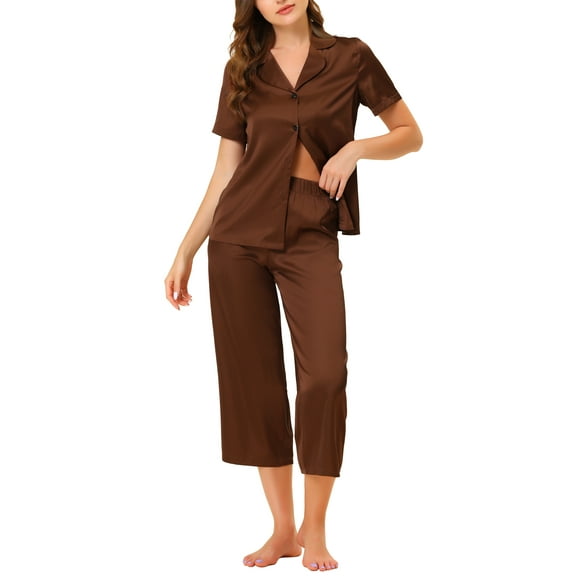 INSPIRE CHIC Women's Satin Pajamas Sets Short Sleeve Button Tops with Capri Pants 2 Pcs Loungewear XL Brown