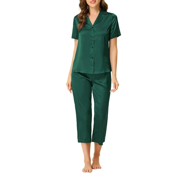 INSPIRE CHIC Women's Satin Pajamas Sets Short Sleeve Button Tops with Capri Pants 2 Pcs Loungewear XS Bright Green