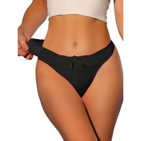 INSPIRE CHIC Women's Low-Rised Satin Bikini Panties Elastic Lace Waist Thongs Underwear Large Black