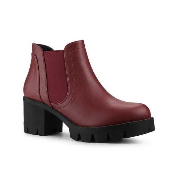 BLISSFUL STEP Women's Lug Sole Block Heel Chelsea Closed Toe Ankle Boots Burgundy 9.5