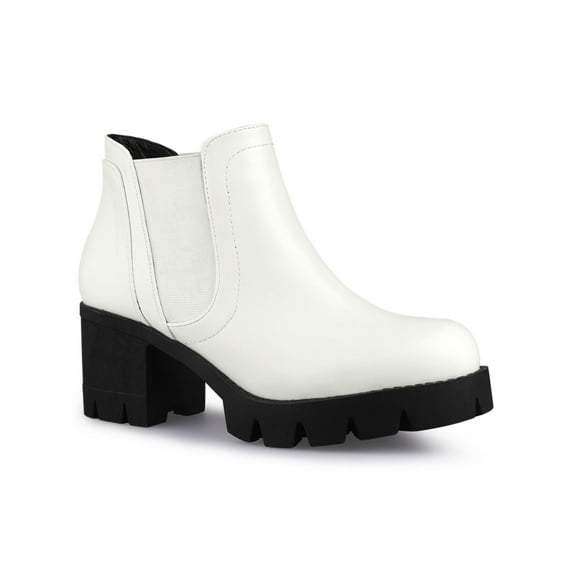 BLISSFUL STEP Women's Lug Sole Block Heel Chelsea Closed Toe Ankle Boots White 8