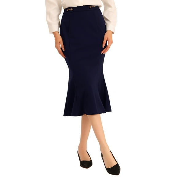 INSPIRE CHIC Women's Mermaid Skirt Hight Waist Metal Decor Fishtail Pencil Midi Skirt L Navy Blue