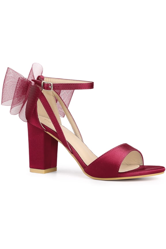 Women's Mesh Bow Heels Ankle Strap Open Toe Block Heel Sandals Burgundy 9.5