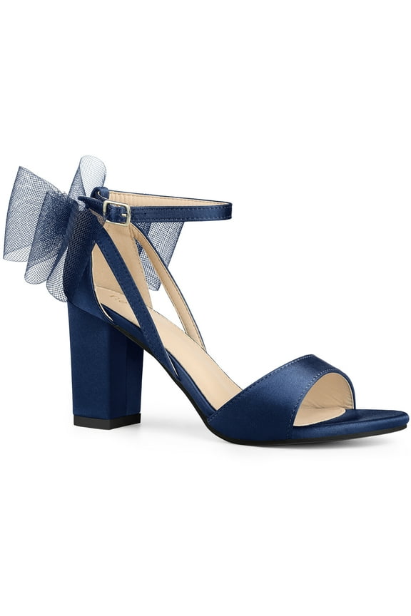 Women's Mesh Bow Heels Ankle Strap Open Toe Block Heel Sandals Navy Blue 7