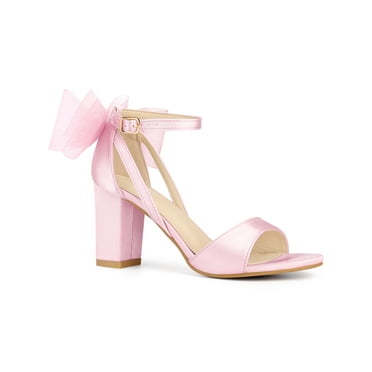 BLISSFUL STEP Women's Shoes Mesh Bow Ankle Strap Open Toe Block Heel Sandals Pink 10