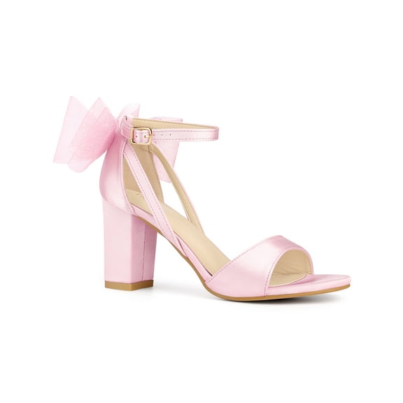 BLISSFUL STEP Women's Mesh Bow Heels Ankle Strap Open Toe Block Heel Sandals Pink 7