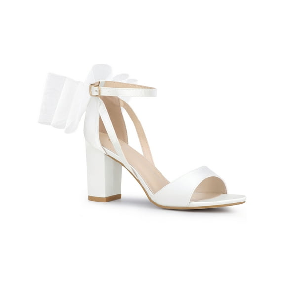 BLISSFUL STEP Edition Women's Mesh Bow Heels Ankle Strap Open Toe Block Heel Sandals White 7