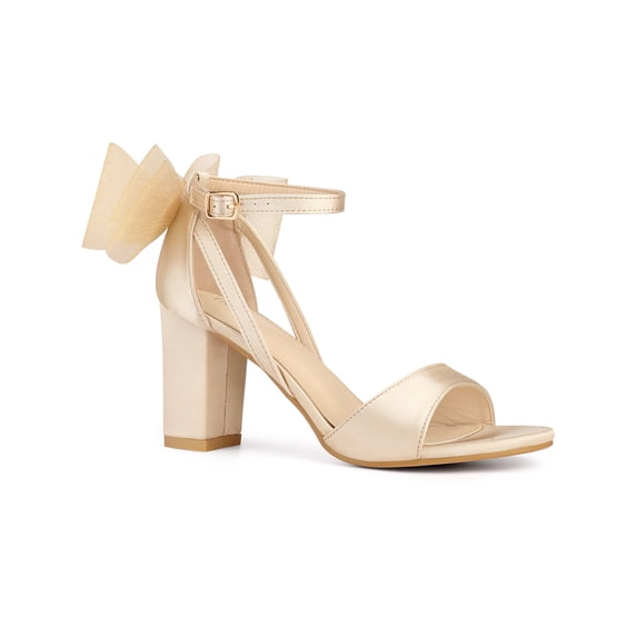 BLISSFUL STEP Women's Back to School Mesh Bow Heels Ankle Strap Open Toe Block Heel Sandals Champagne 9.5