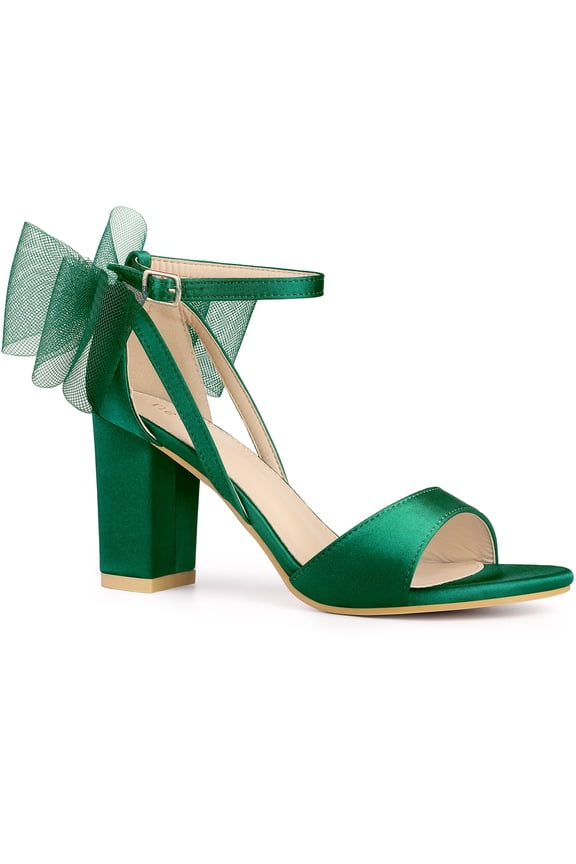 Women's Mesh Bow Heels Ankle Strap Open Toe Block Heel Sandals Green 8