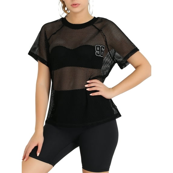 INSPIRE CHIC Women's Mesh Cover Up Raglan Sleeve Sheer Fishnet T-Shirt Top Black S