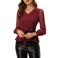 thumbnail image 1 of INSPIRE CHIC Women's Mesh Long Sleeve V Neck Ruffle Hem Peplum Top with Belt, 1 of 5