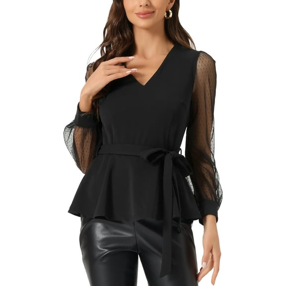 INSPIRE CHIC Women's Mesh Long Sleeve V Neck Ruffle Hem Peplum Top with Belt