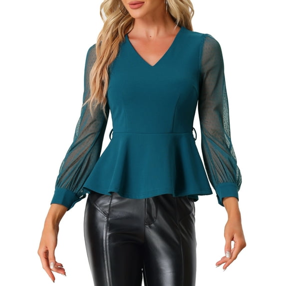INSPIRE CHIC Women's Mesh Long Sleeve V Neck Ruffle Hem Peplum Top with Belt