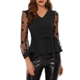 thumbnail image 1 of INSPIRE CHIC Women's Mesh Long Sleeve V Neck Ruffle Hem Peplum Top with Belt, 1 of 6