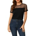 thumbnail image 1 of INSPIRE CHIC Women's Mesh Panel Dots Round Neck Short Sleeve Blouse Top XS Black, 1 of 7