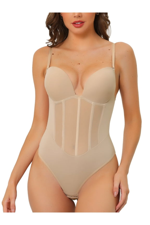 Women's Mesh Panel Leotard Jumpsuit Bodysuit Sculpting Shapewear Thong with Adjustable Straps XX-Large Beige