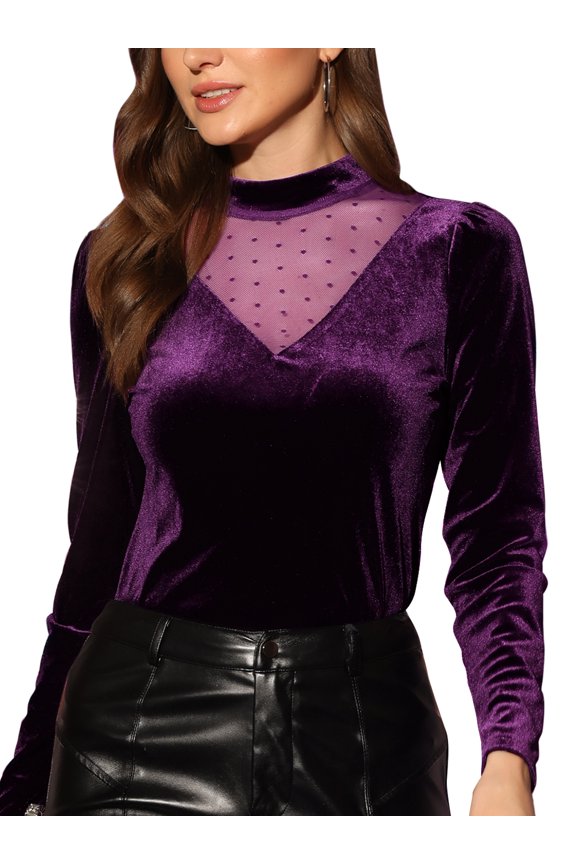 Women's Mesh Panel Swiss Dots V-Cut Neck Patchwork Long Sleeve Top XL Dark Purple