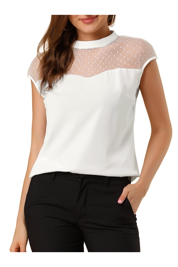 Women's Mesh Panel Top Round Neck Keyhole Sleeveless Blouse White M