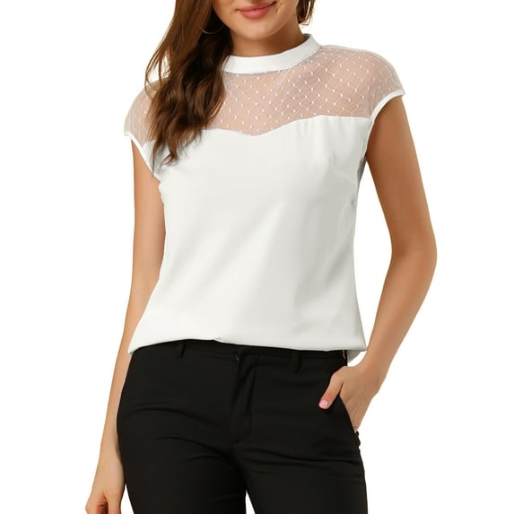 INSPIRE CHIC Women's Mesh Panel Top Round Neck Keyhole Sleeveless Blouse White M