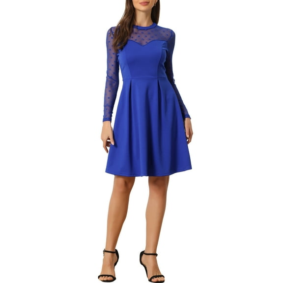 INSPIRE CHIC Women's Mesh See Through Heart Sheer Sleeve Skater Party Dress L Royal Blue-Polka Dots