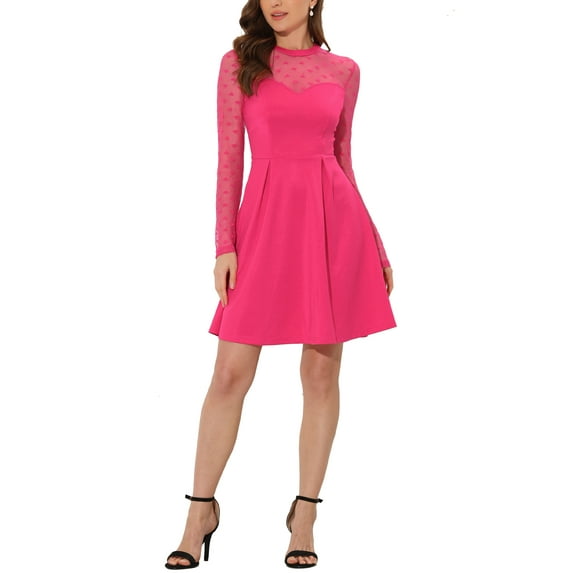 INSPIRE CHIC Women's Mesh See Through Heart Sheer Sleeve Skater Party Dress XS Hot Pink