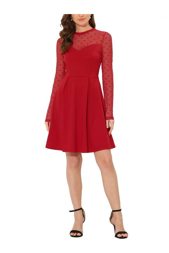 Women's Mesh See Through Heart Sheer Sleeve Skater Party Dress XS Red