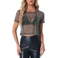 thumbnail image 1 of INSPIRE CHIC Women's Mesh Semi Sheer Short Sleeve Metallic Shiny Cropped Top S Silver, 1 of 5
