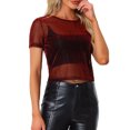 thumbnail image 1 of INSPIRE CHIC Women's Mesh Semi Sheer Short Sleeve Metallic Shiny Cropped Top XS Red, 1 of 4