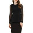 thumbnail image 1 of INSPIRE CHIC Women's Mesh Sheer Long Sleeve Blouse Round Neck Belted Work Peplum Top S Black, 1 of 6