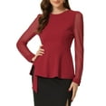 thumbnail image 1 of INSPIRE CHIC Women's Mesh Sheer Long Sleeve Blouse Round Neck Belted Work Peplum Top XL Red, 1 of 6