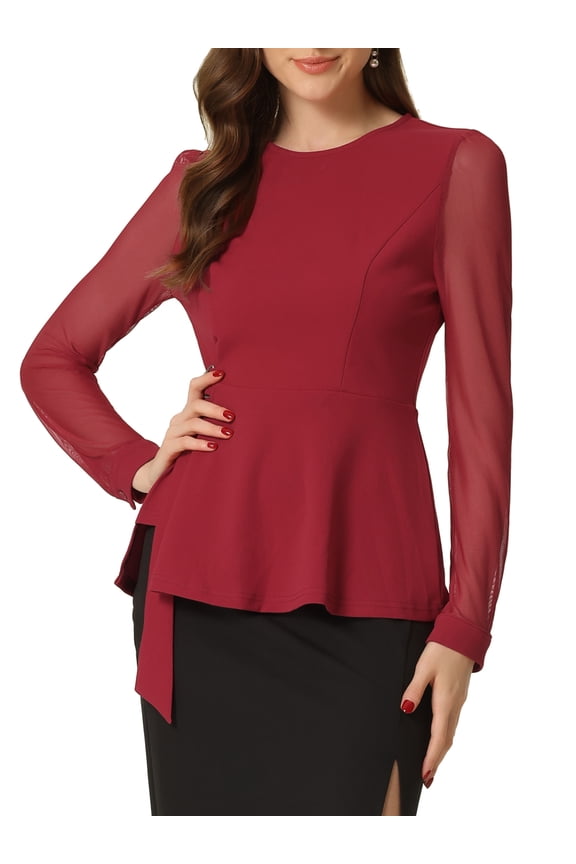 Women's Mesh Sheer Long Sleeve Blouse Round Neck Belted Work Peplum Top XS Red