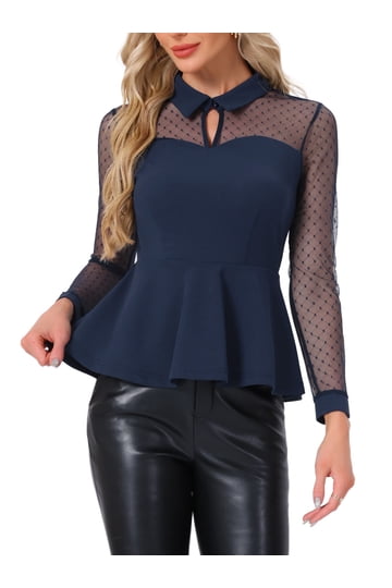 Clore 2way Collar Peplum Blouse【Navy】 Blue Peplum Tops