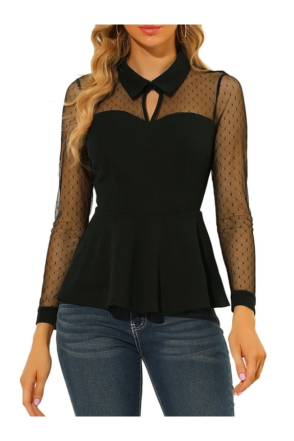 Women's Mesh Sheer Blouse Turn Down Collar Keyhole Ruffle Peplum Top M Black