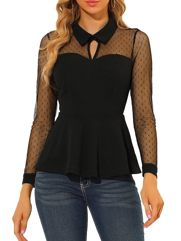 Women's Mesh Sheer Peplum Top Long Sleeve Keyhole Blouse with Ruffle Hem & Turn Down Collar XL Black