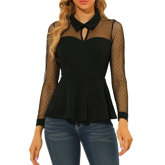 INSPIRE CHIC Women's Mesh Sheer Blouse Turn Down Collar Keyhole Ruffle Peplum Top XS Black