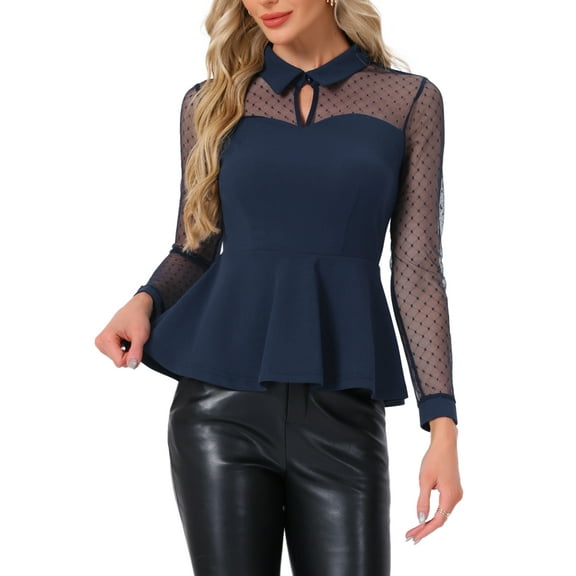 INSPIRE CHIC Women's Mesh Sheer Blouse Turn Down Collar Keyhole Ruffle Peplum Top XS Dark Blue