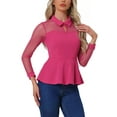 thumbnail image 1 of INSPIRE CHIC Women's Mesh Sheer Blouse Turn Down Collar Keyhole Ruffle Peplum Top XS Hot Pink, 1 of 6