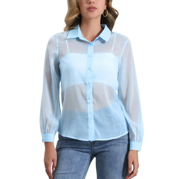 INSPIRE CHIC Women's Shirt Mesh Sheer Point Collar Long Sleeve Button Down Shirt L Light Blue