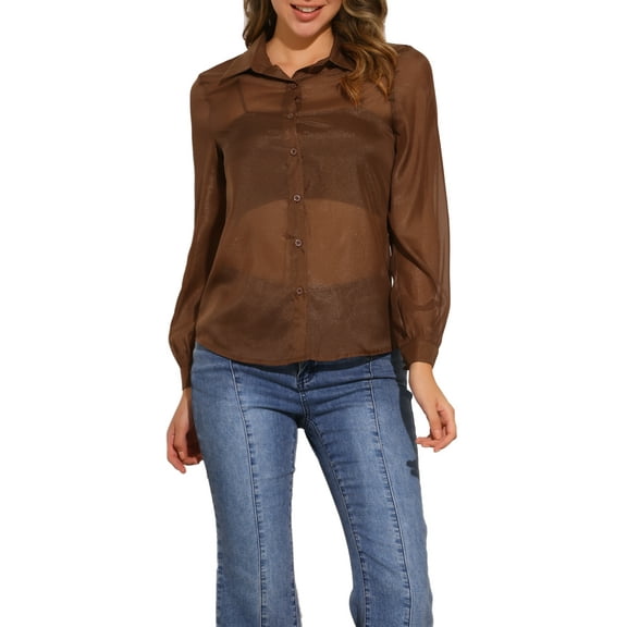 INSPIRE CHIC Women's Shirt Mesh Sheer Point Collar Long Sleeve Button Down Shirt XS Brown