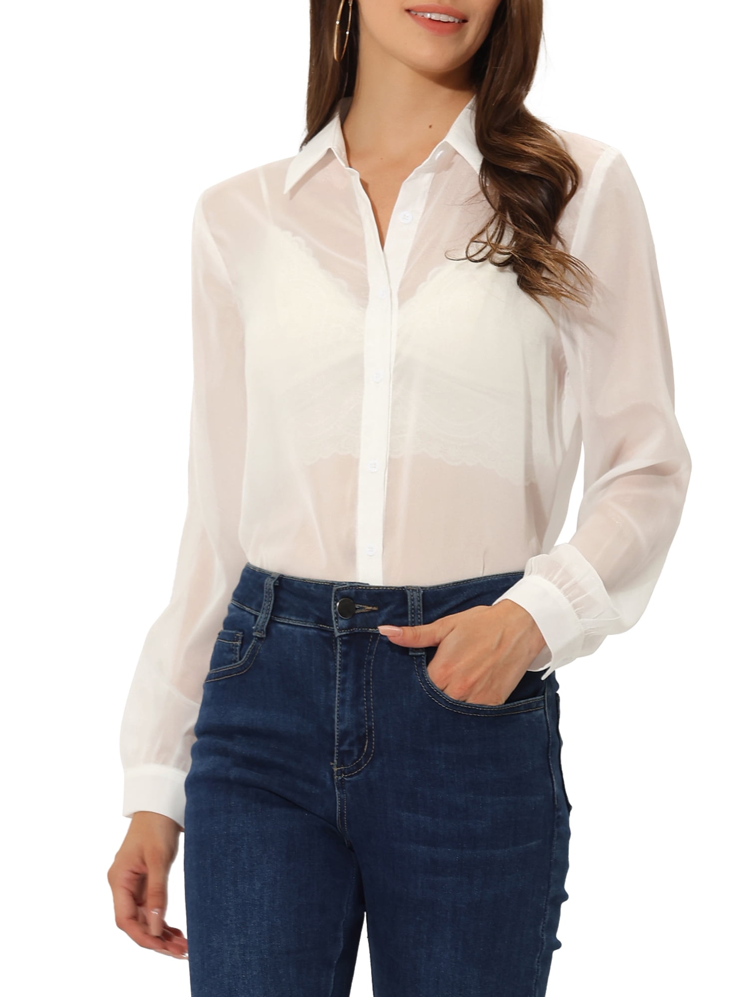 INSPIRE CHIC Women's Shirt Mesh Sheer Point Collar Long