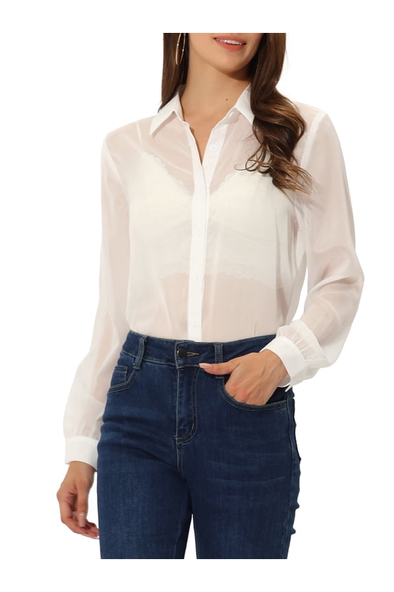 Women's Shirt Mesh Sheer Point Collar Long Sleeve Button Down Shirt S White
