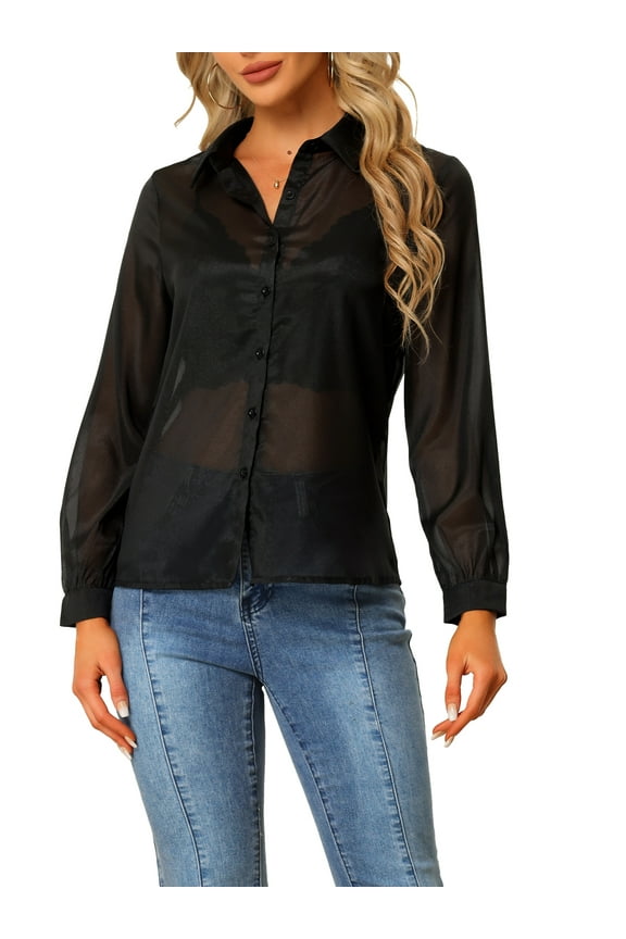 Women's Shirt Mesh Sheer Point Collar Long Sleeve Button Down Shirt 3XL Black