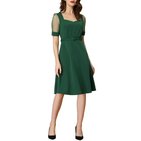 INSPIRE CHIC Women's Mesh Short Sleeve Square Neck Dress with Belt Green XL