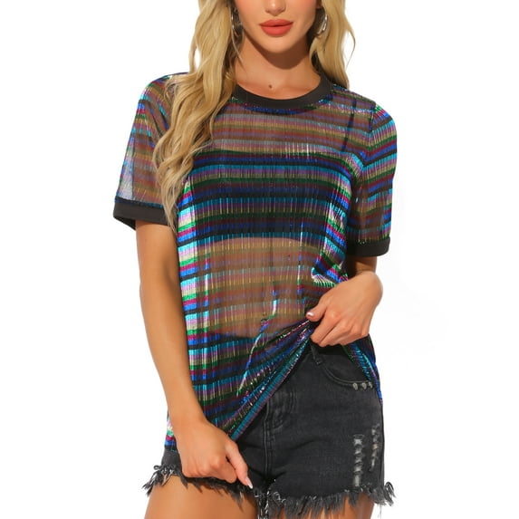 INSPIRE CHIC Women's Mesh T-Shirt Cover Up Party Short Sleeve See Through Sheer Tops S Multicolor Black