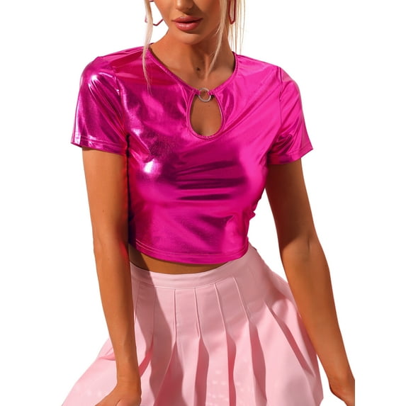 INSPIRE CHIC Metallic Crop Tops for Women's Keyhole Short Sleeve Halloween Party Shiny Holographic Top L Rose Red
